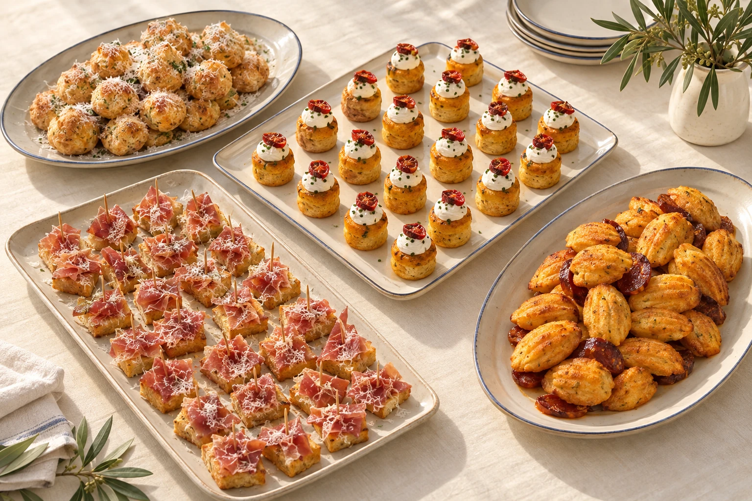 Un buffet de bouchées salées, de madeleines au chorizo et de gougères