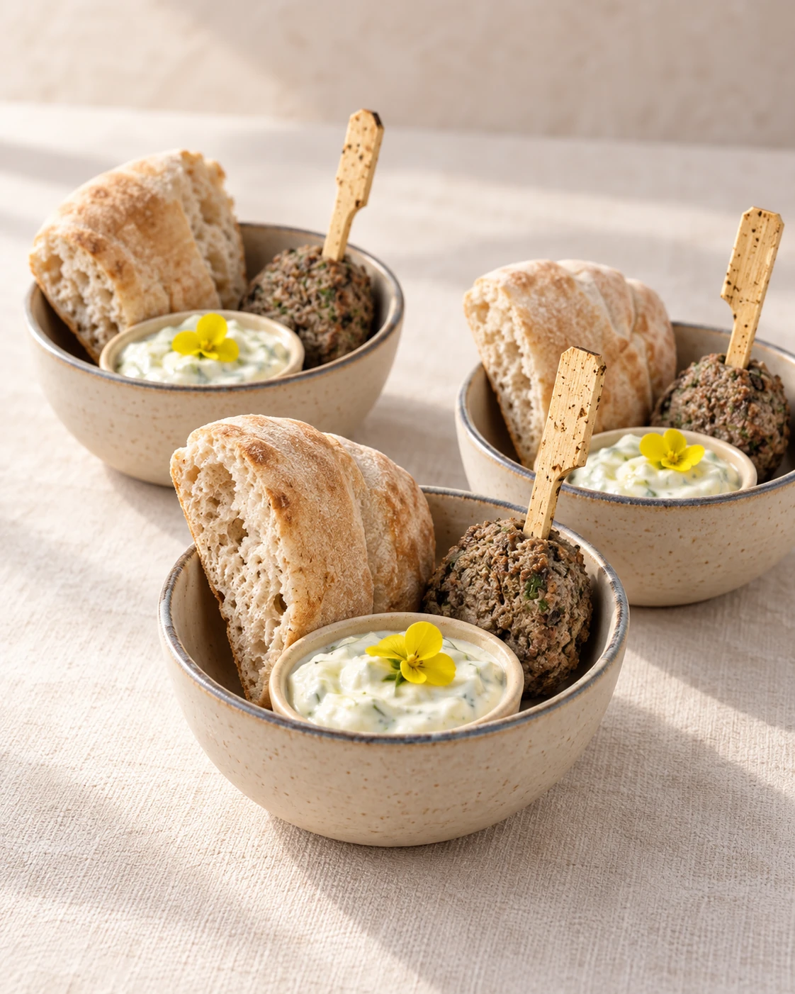 Petits bols de keftas avec pita et tzatziki