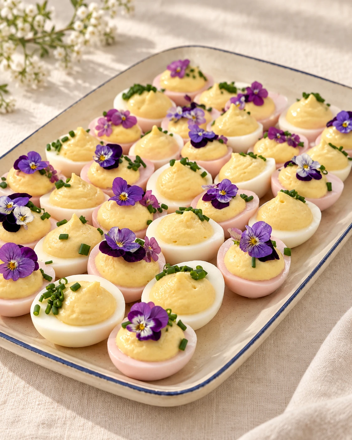 Œufs mimosa délicatement garnis de fleurs violettes